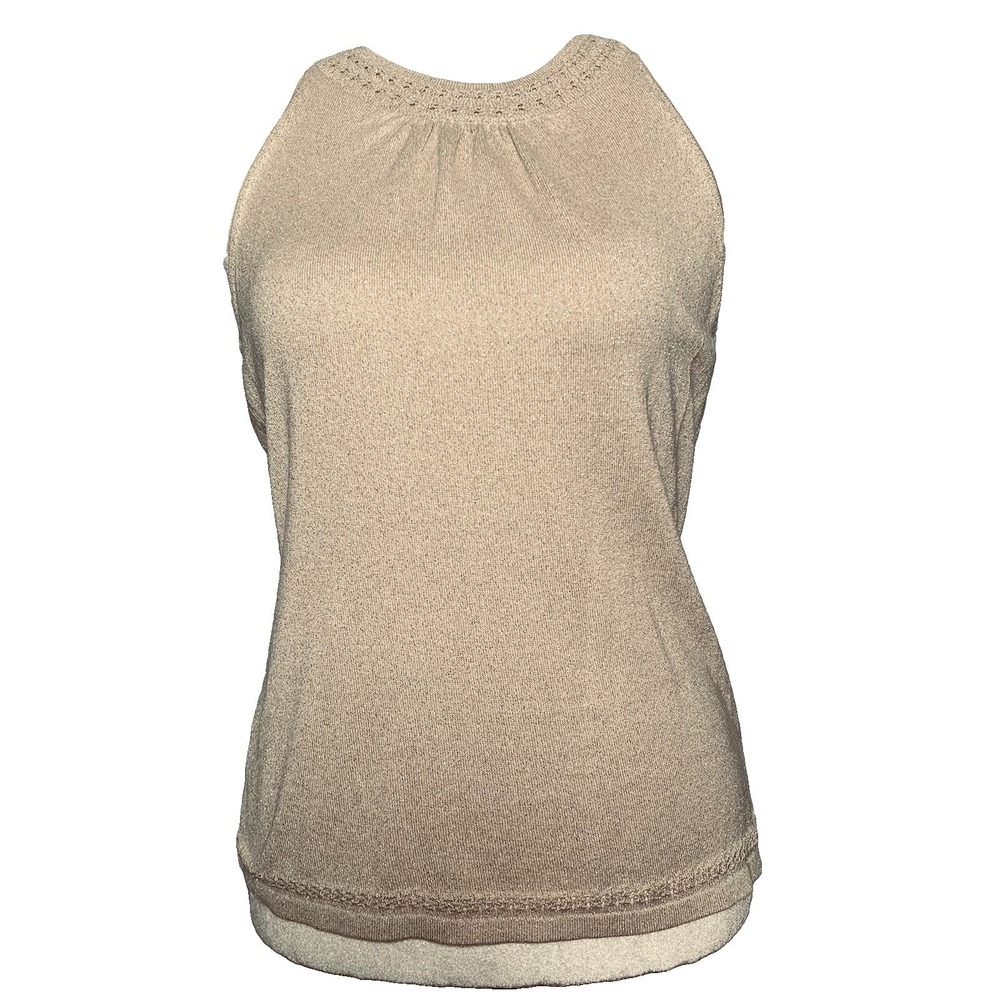 Ann Taylor Vtg Metallic Gold Knit Tank XL Silk Blend Halter Neck Elegant Chic